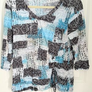 Top Ligne abstract top in stunning colors; 3/4 sleeve, crinkle fabric.